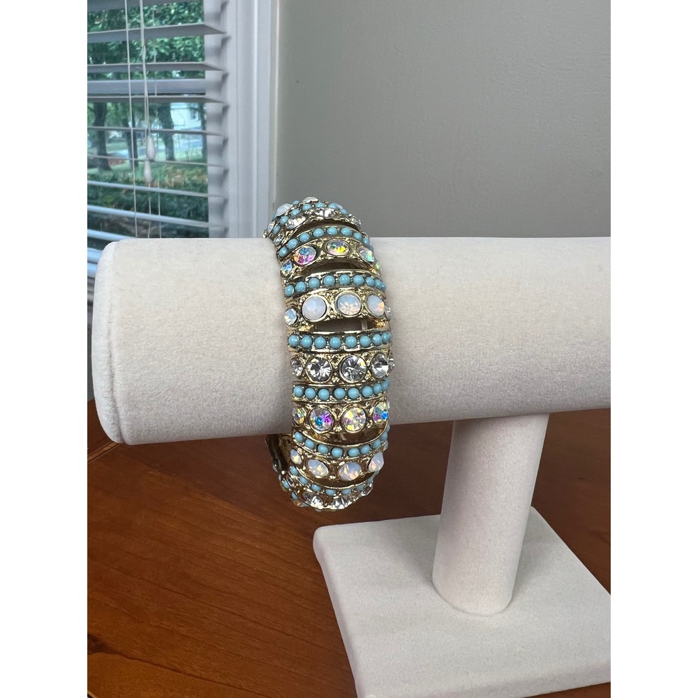 Gold Tone Turquoise Crystal Opalescent Multi Row Stretch Cuff Statement Bracelet